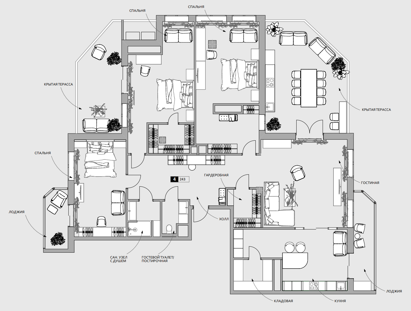 План пентхауса 243 м² с двумя террасами